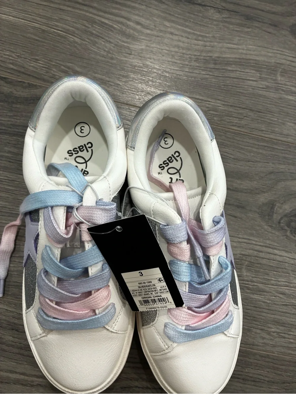 White Kids Sneakers with Pastel Pink & Blue Laces